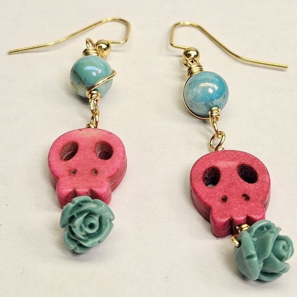 Beaded Pink and Turquoise Skull Earrings - Picture 3 of 6